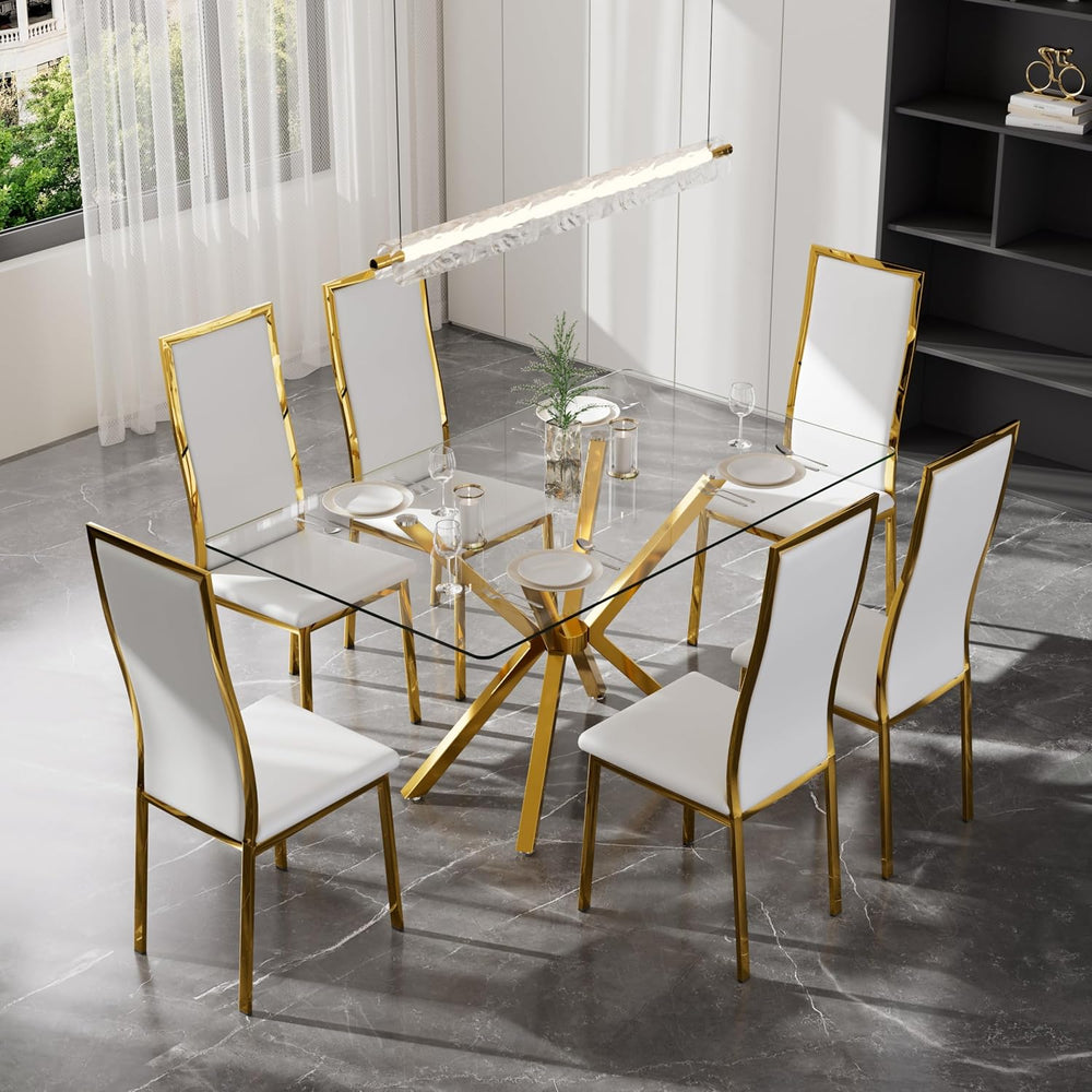 Modern Gold Glass Dining Table Set of 6, 47'' Clear Glass Top Rectang...