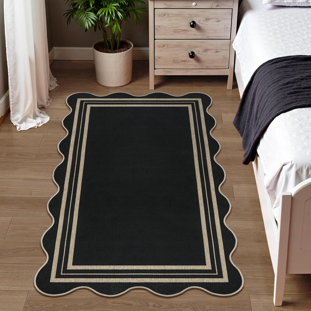 Scalloped Easy Jute 3x5 Front Door Mat, Washable Rugs for Entryway Black Outd...