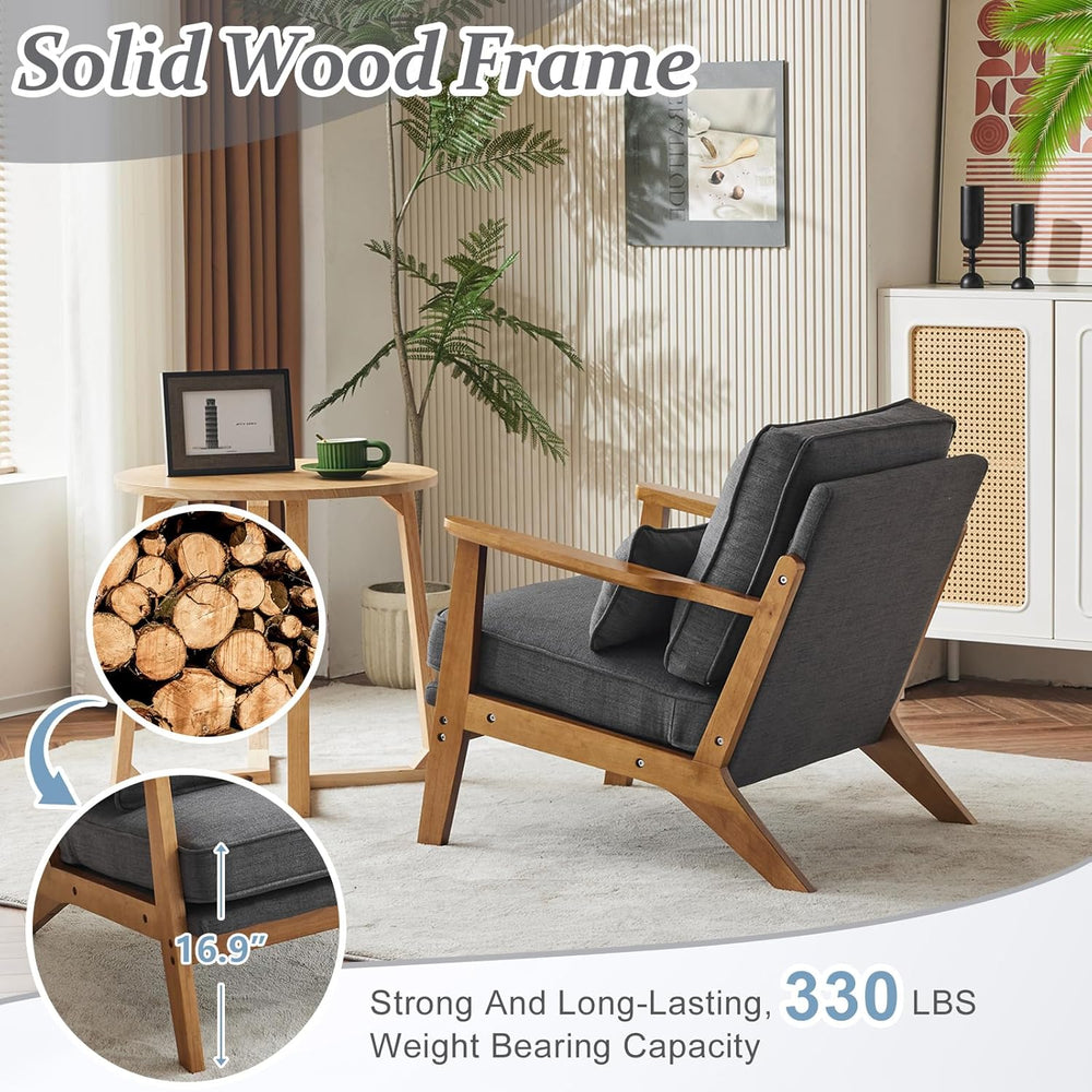 VINGLI Solid Wood Wide Armrests Accent Chair,Upholstered Mid Century Modern C...
