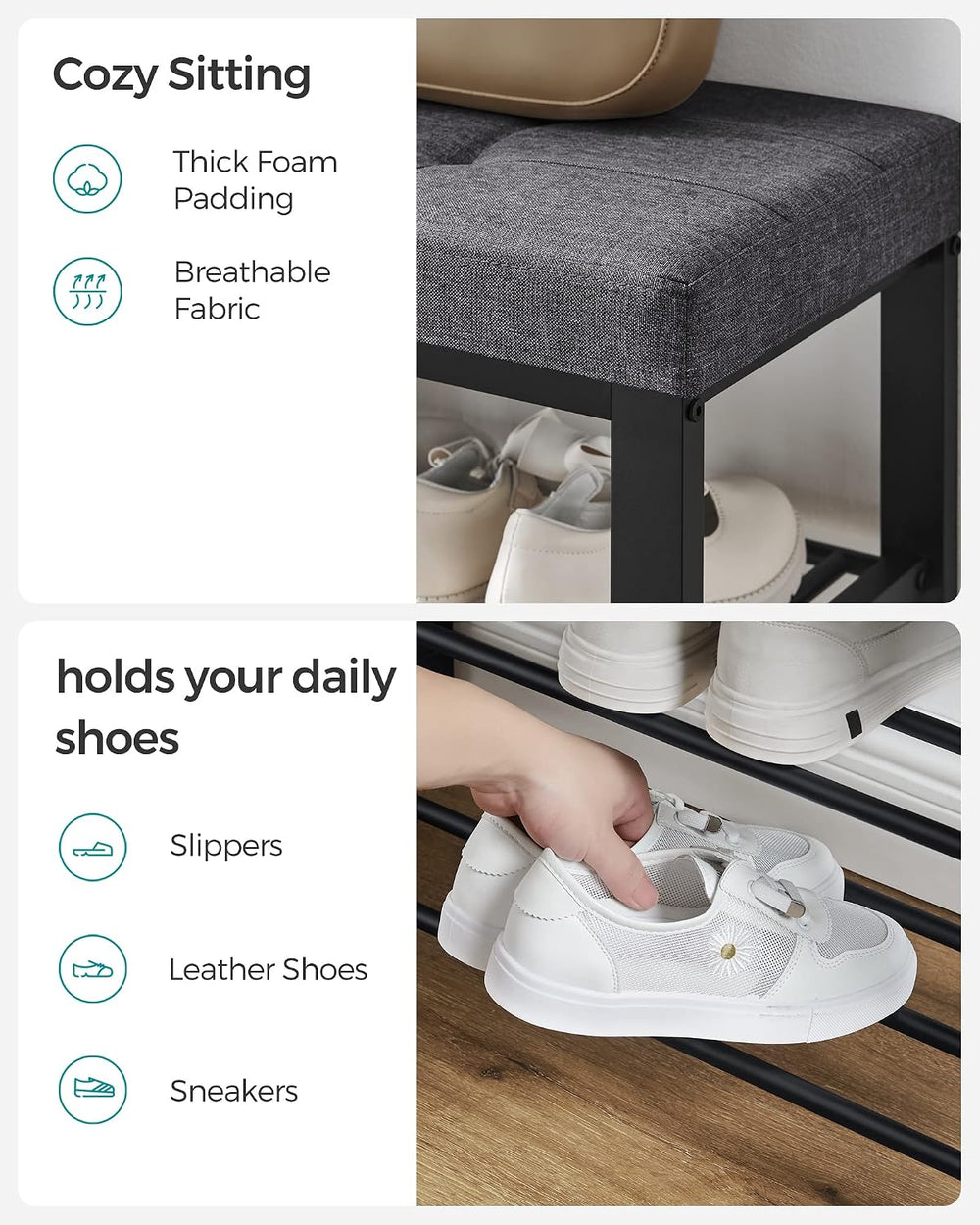 SONGMICS Shoe Bench, Storage Bench, Entryway Bench with Cushion