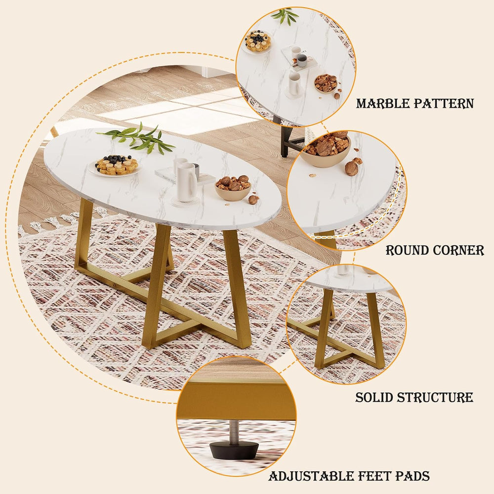 Wolawu Coffee Table White Faux Marble Coffee Table for Living Room,Oval Cente...