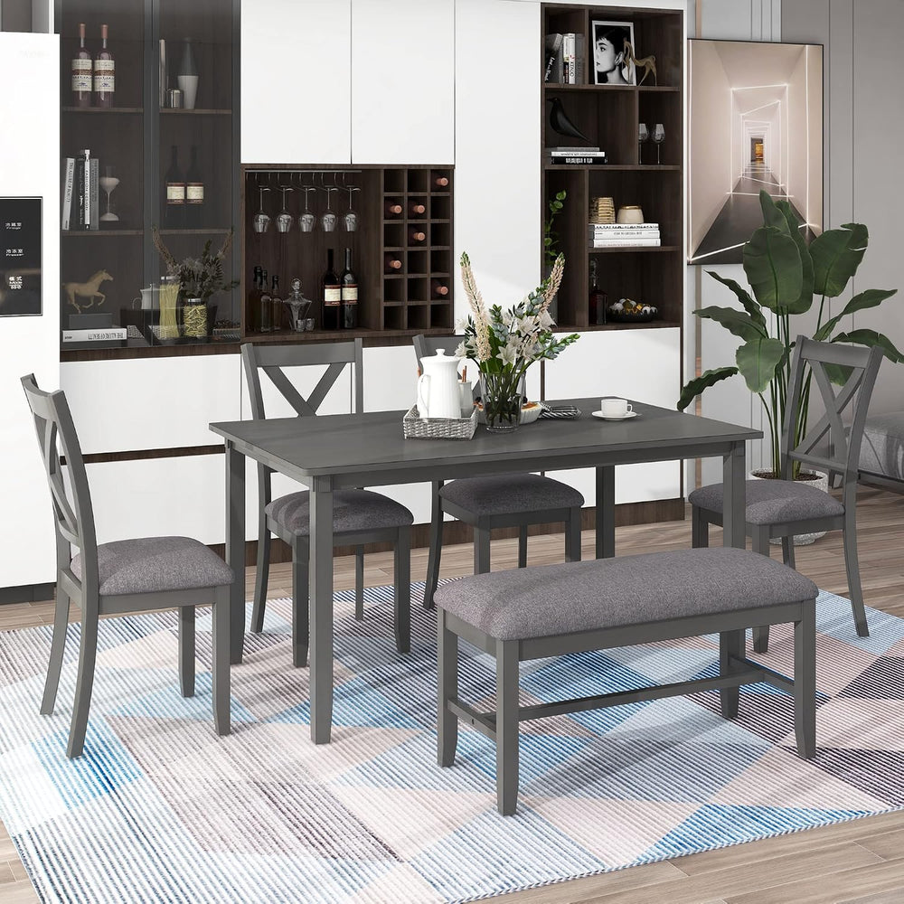Merax 6-Piece Farmhouse Dining Table Set, 60" Solid Wood Rectangular Kit...