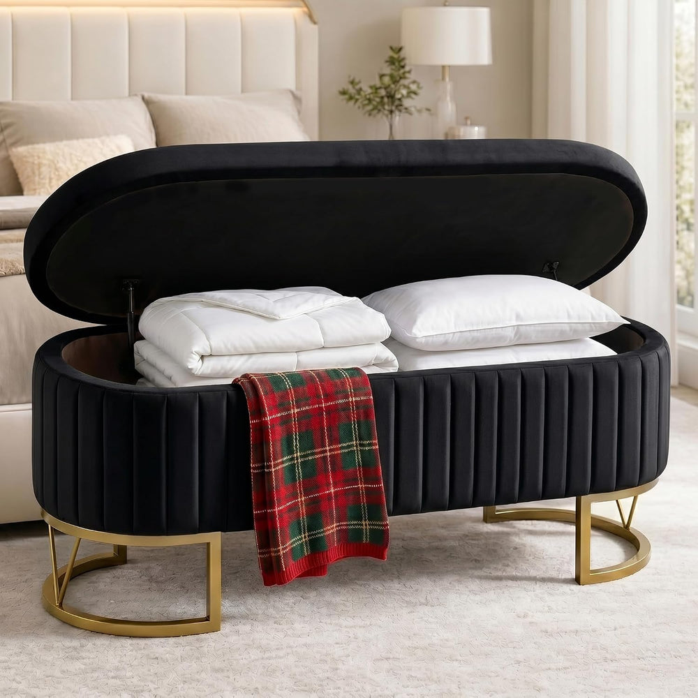 Velvet Storage Bench for Queen Size Bed, 46'' Black Oval Ottoman, Gol...