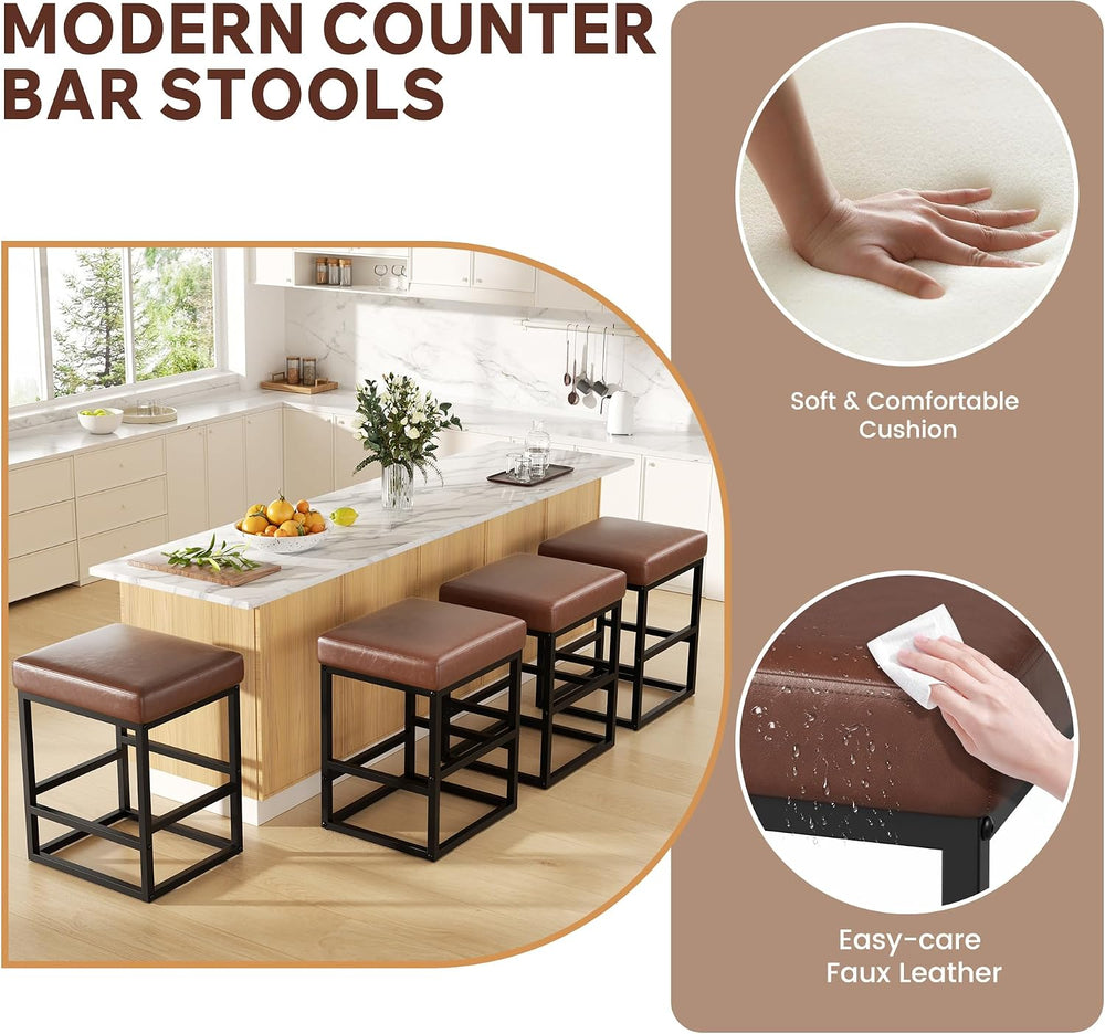 Bar Stools Set of 2, 24in Counter Height Barstools, Faux Leather Counter Stoo...