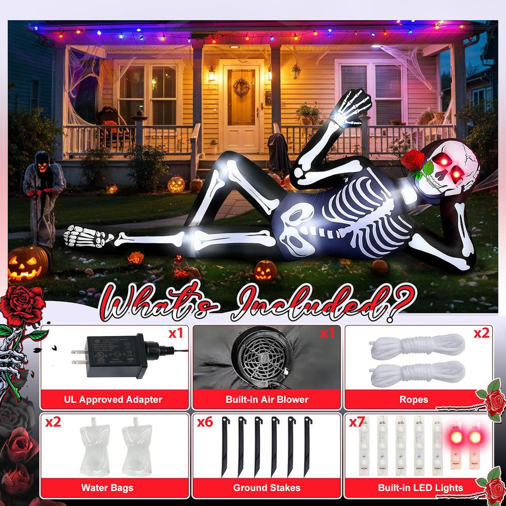 10FT Halloween Inflatable Outdoor Decoration, Lying Giant Skeleton with LED