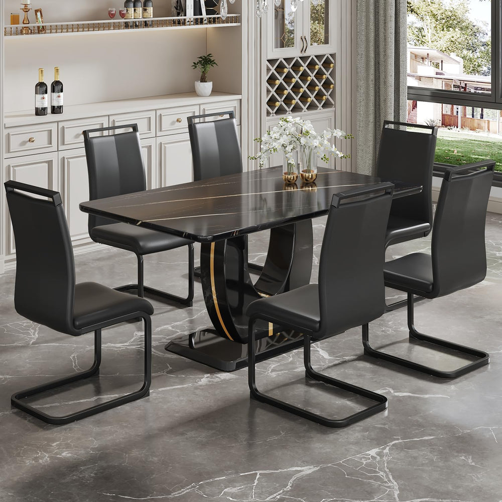 JUFU Modern Dining Table Set for 6,Rectangula Kitchen Table Set with Faux Mar...