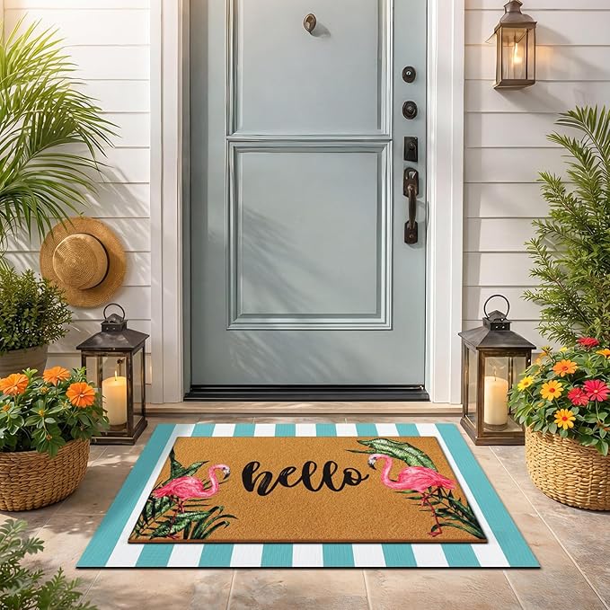 Tinideya 2 Pcs Summer Door Mat Flamingo Welcome Non Slip Coir Hello Mats Floo...