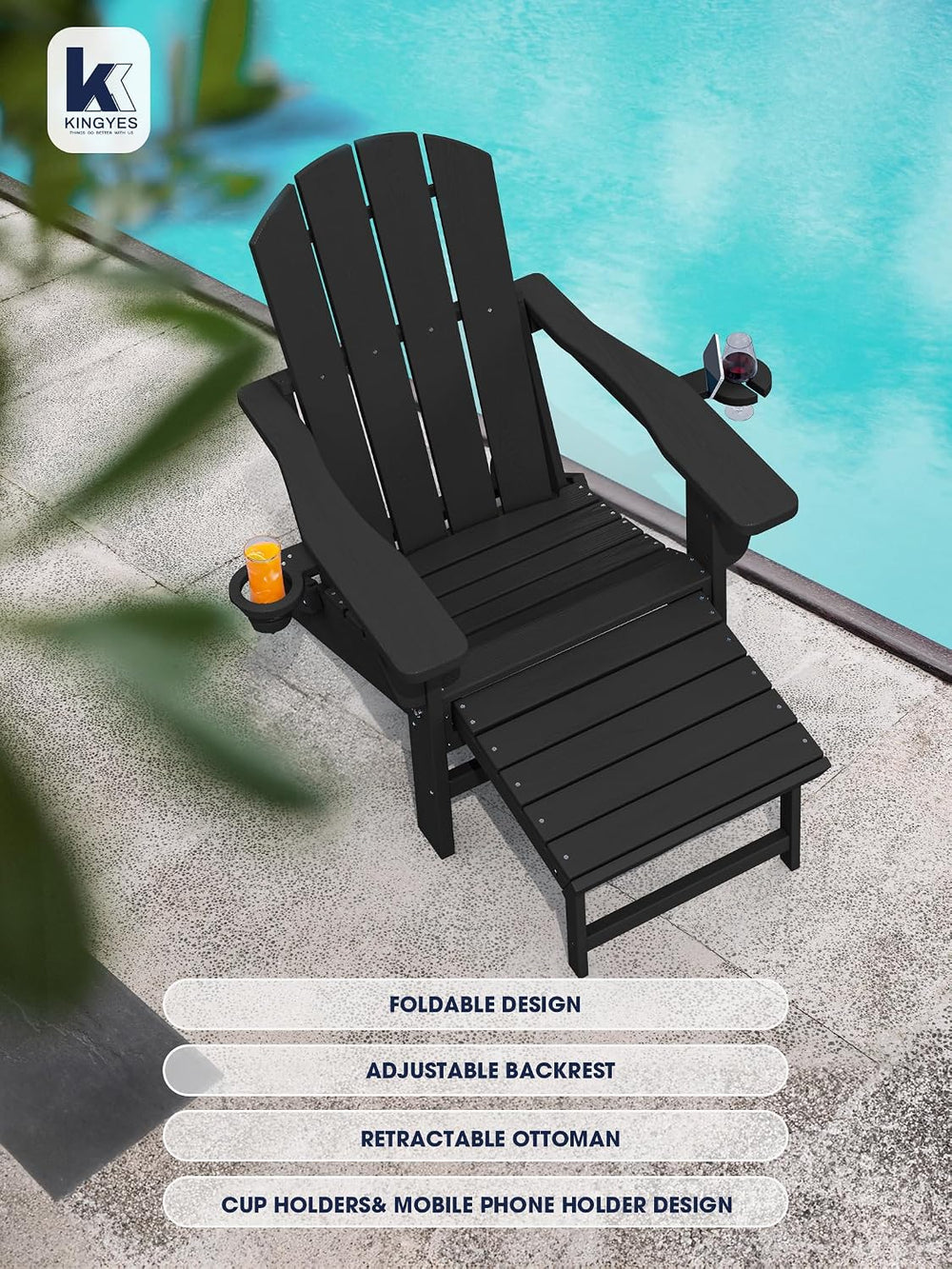 KINGYES 6 Pieces Folding Adirondack Chair with Ottoman & Cup Holders, Black
