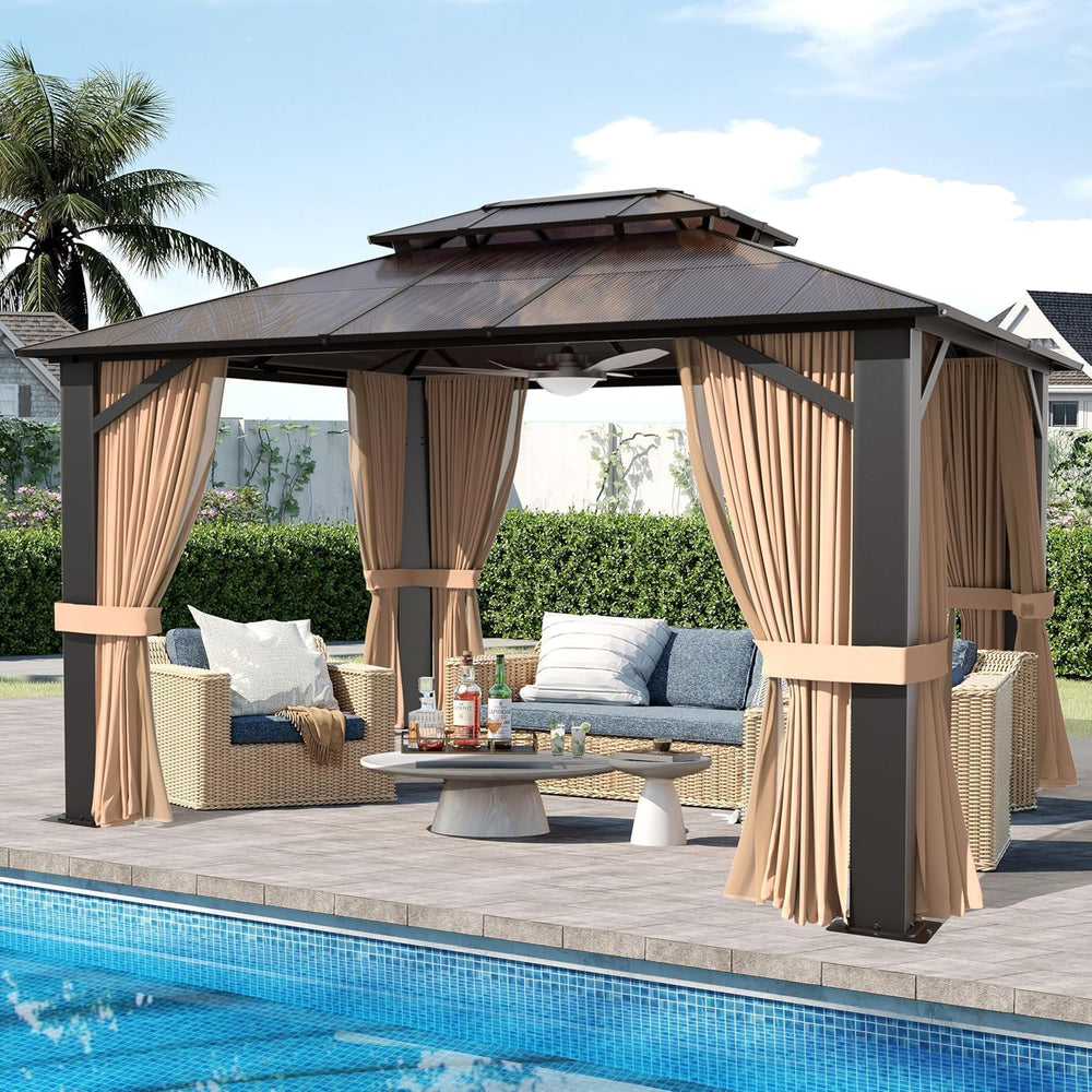 10x12 Hardtop Gazebo with Curtains & Netting, Double Roof Polycarbonate C...