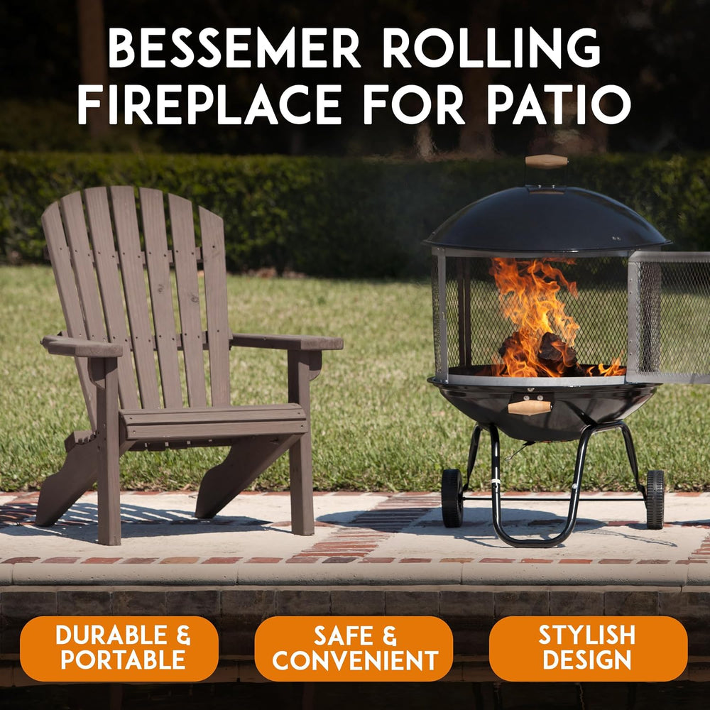 Fire Sense 01471 Fire Pit Bessemer Rolling Patio Fireplace Wooden Bonfire Por...