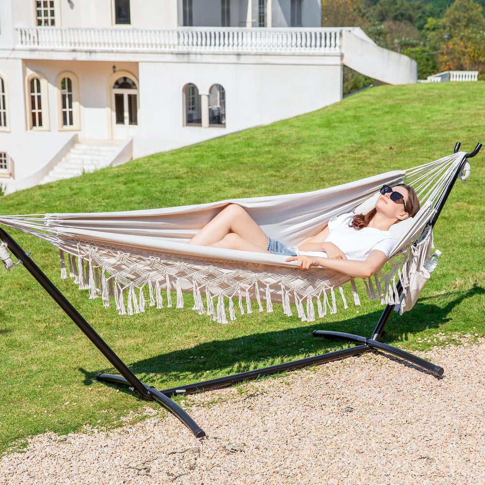 PNAEUT Handmade Tassel Hammock with Stand for Outside, 450 lbs Capacity