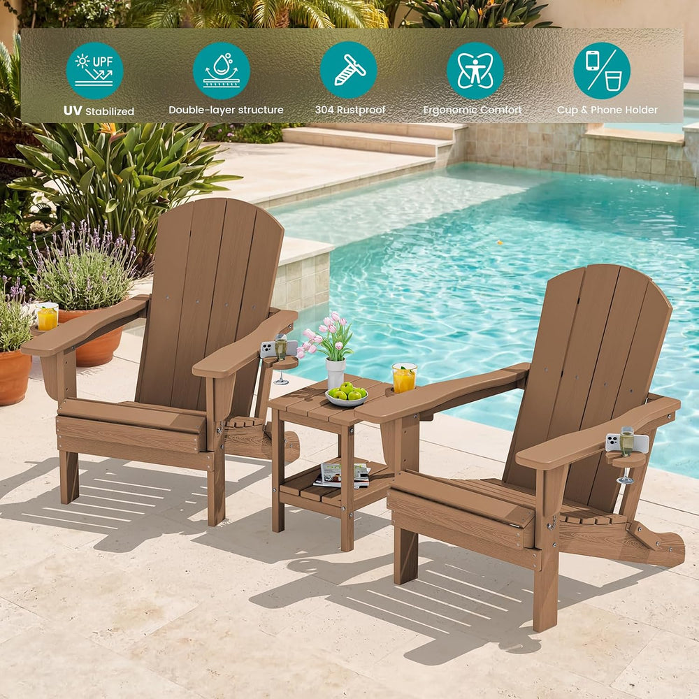 SERWALL Outdoor Adirondack Chairs with 2 Cup Holders,Foldable,Brown
