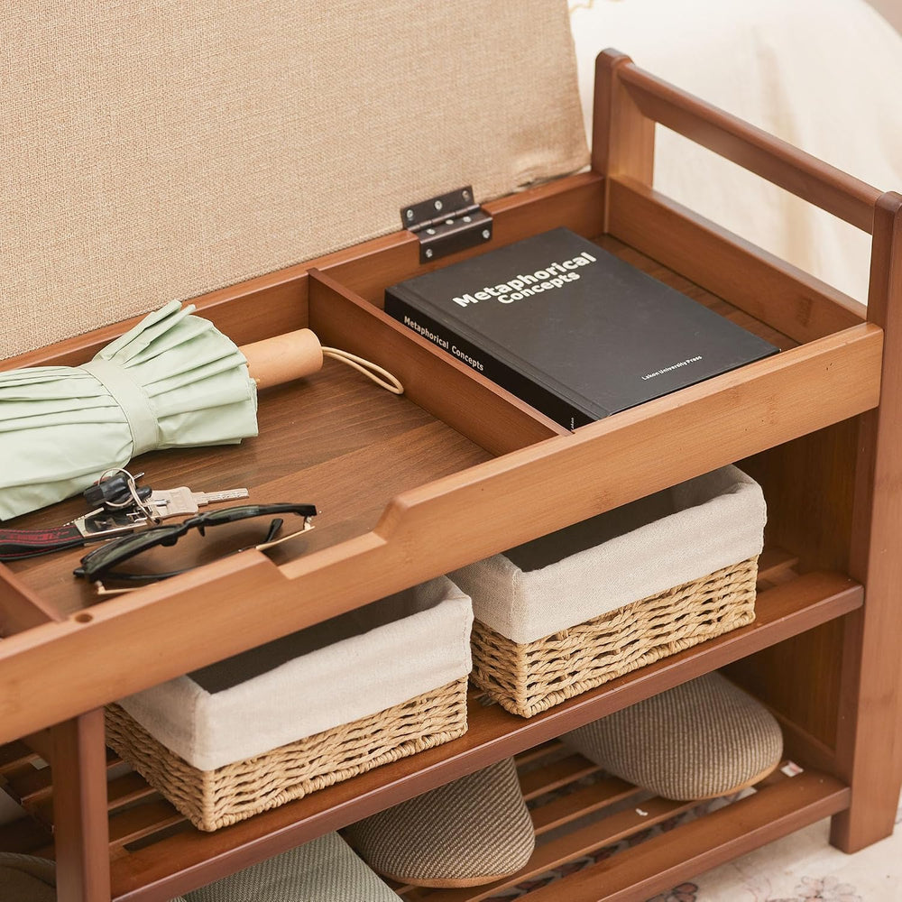 PETKABOO 31.5" Bamboo Shoe Rack Bench with Storage, 3-Tier Entryway Benc...