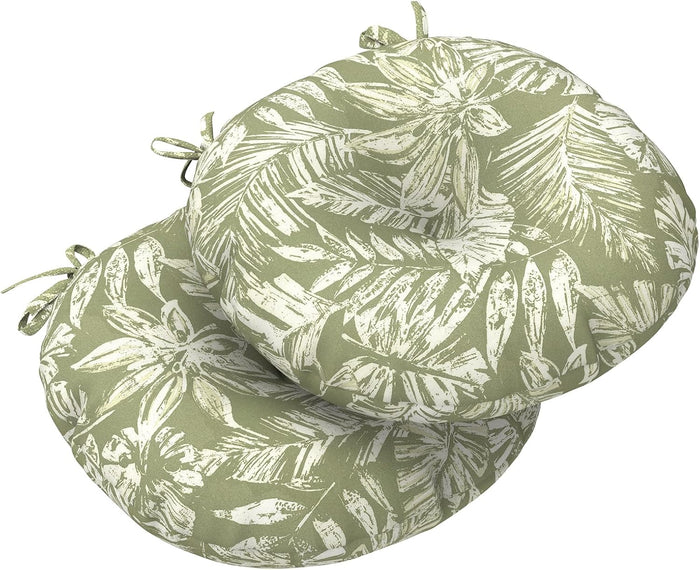LVTXIII Outdoor Seat Cushions All Weather Patio Chair Pads with Ties, Comfortable Round Bistro Chair Cushions for Home and Patio Garden Furniture Decoration 15”x15”x4”, Set of 2,Tropical Leaf Green