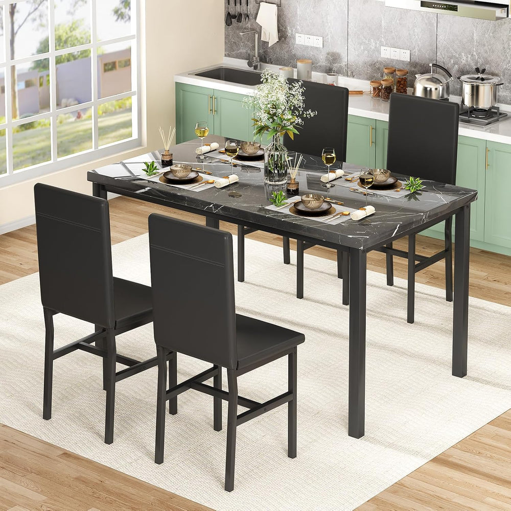 Hooseng Dining Table Set for 4, Modern Faux Marble Kitchen Table with 4 PU Le...