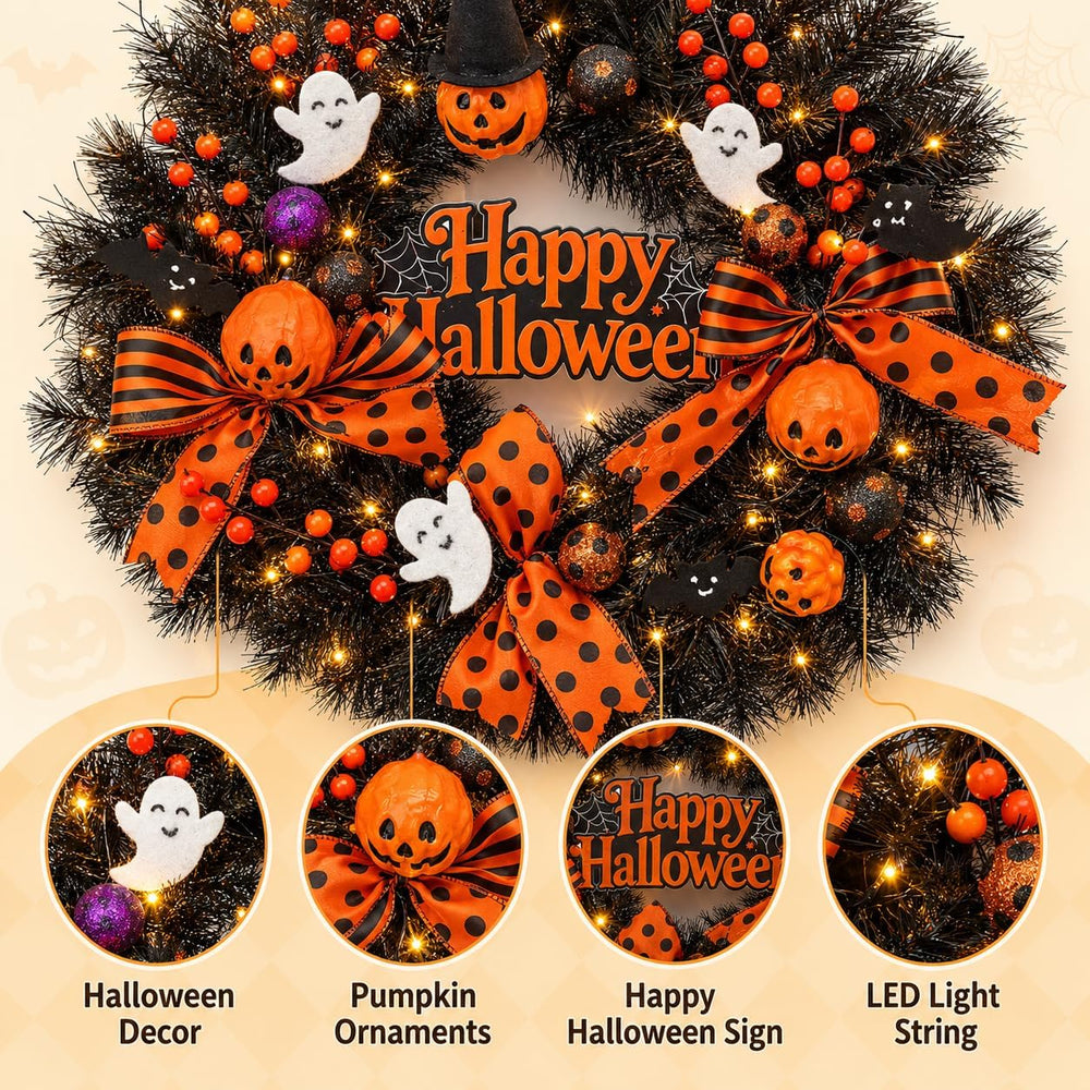 22 Inch Halloween Wreath for Front Door with Light Pumpkin Ghost Decor
