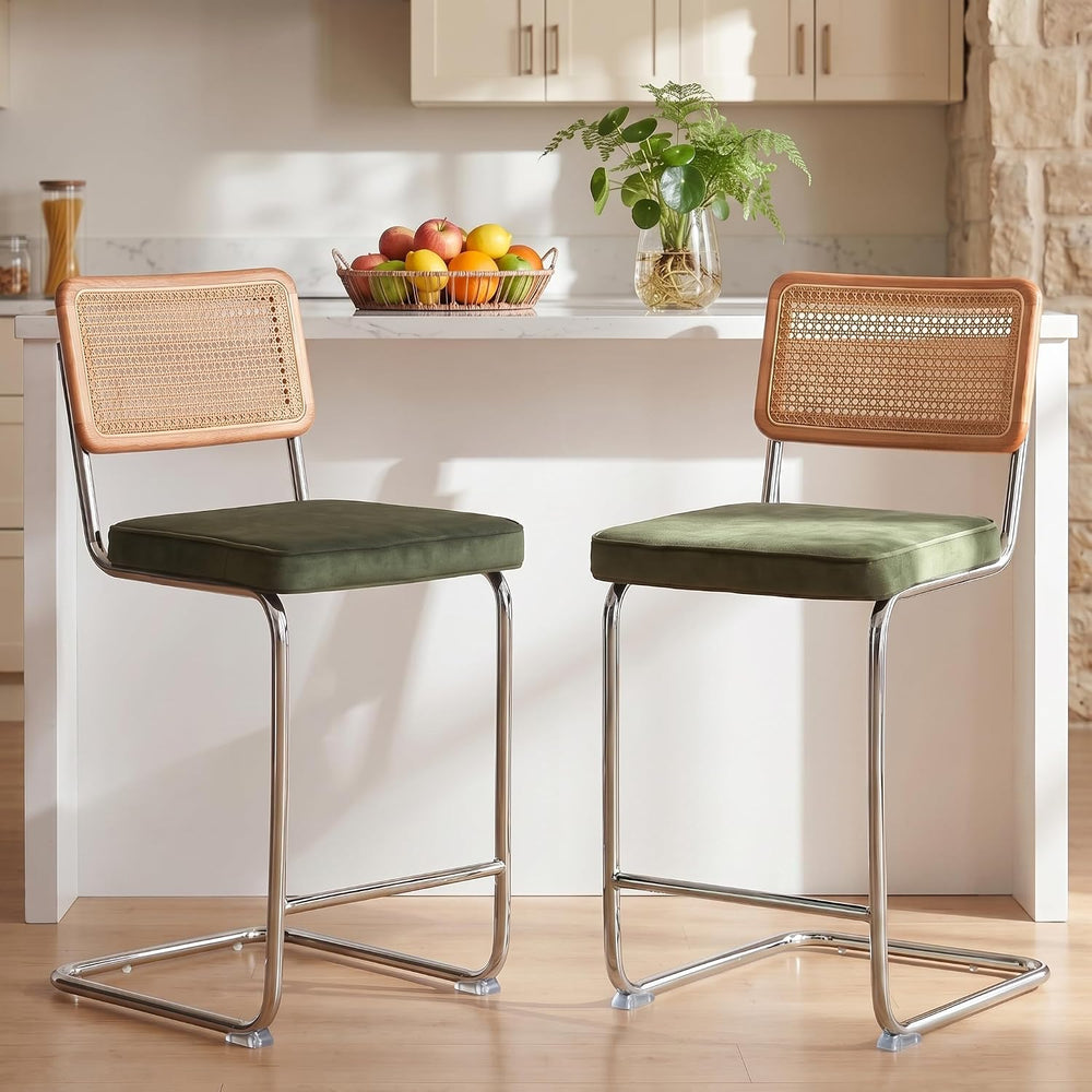 GrandNoor Natural Rattan Bar Stools Set of 2 with Solid Wood Back, 24 Inch Mi...