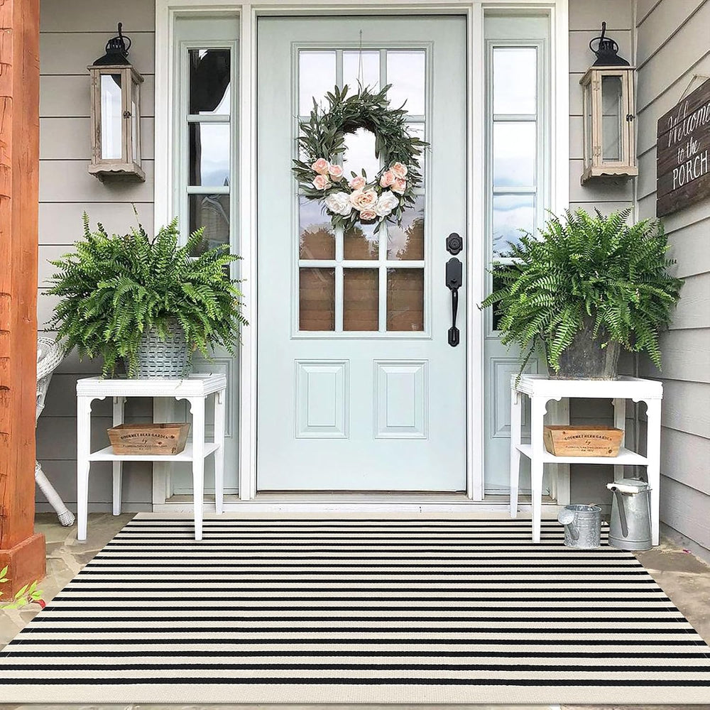 IOHOUZE 4x6 Striped Outdoor Rug, Washable Front Porch, Black Beige