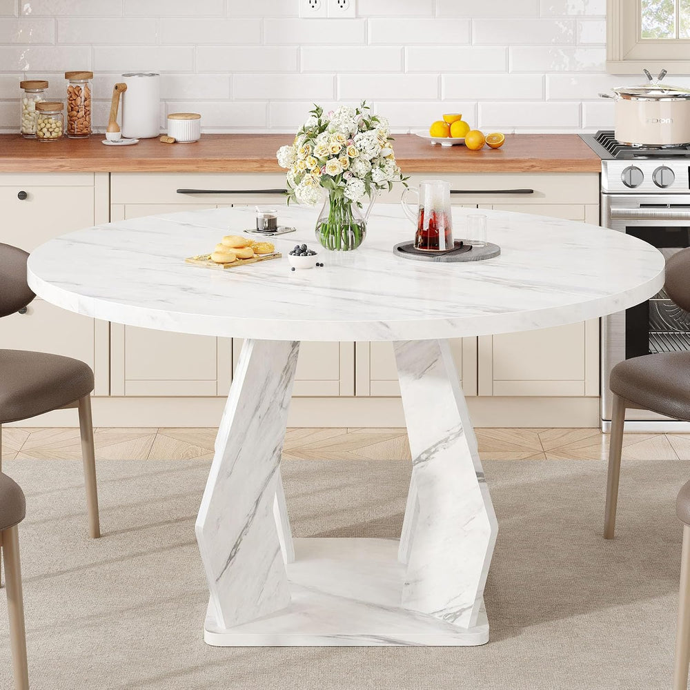 IBF White Marble Round Dining Table, Modern Wood Dinner Tables, 47 Inch