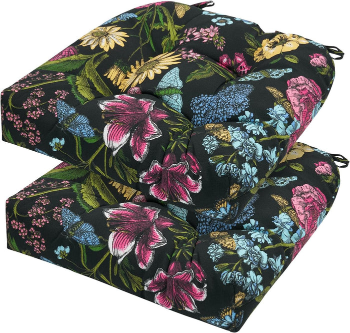 Indoor/Outdoor Tufted Seat Cushions, 19x19x5 Inch-Black Flower Butterfly