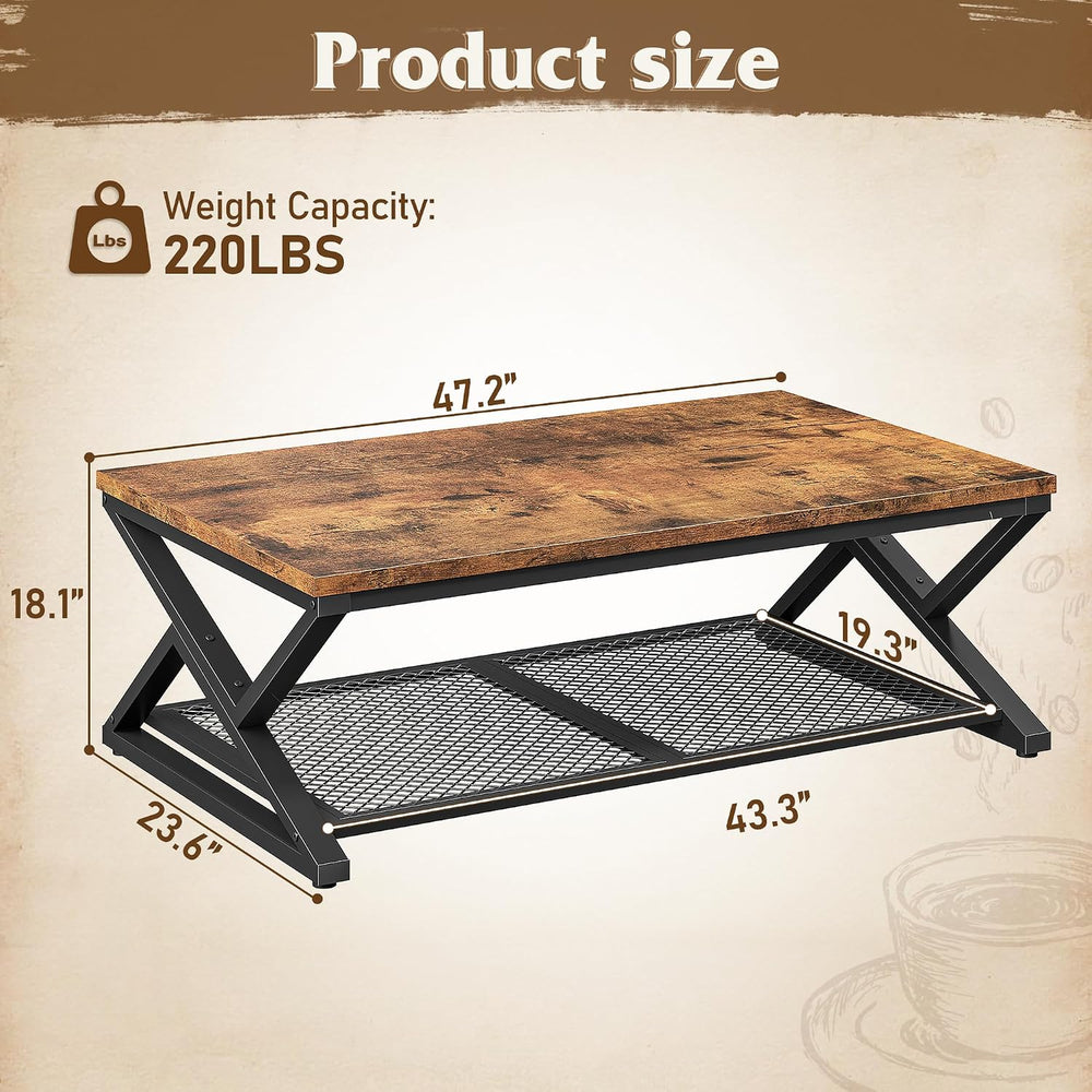 EnHomee Coffee Table, Storage & Shelf, X-Frame Stability, Rustic Brown