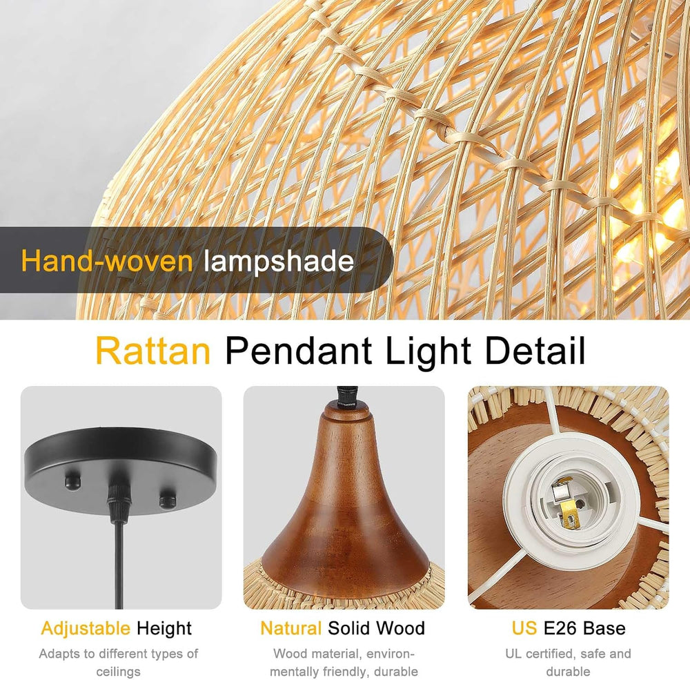 Rattan Pendant Light, 15.7" Rattan Chandelier Hand-Woven Boho Pendant Li...