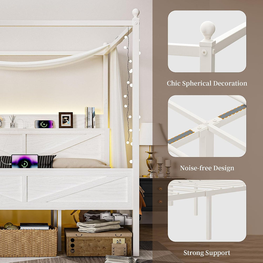 Canopy Bed Frame King Size with Barn Storage Headboard, Beige