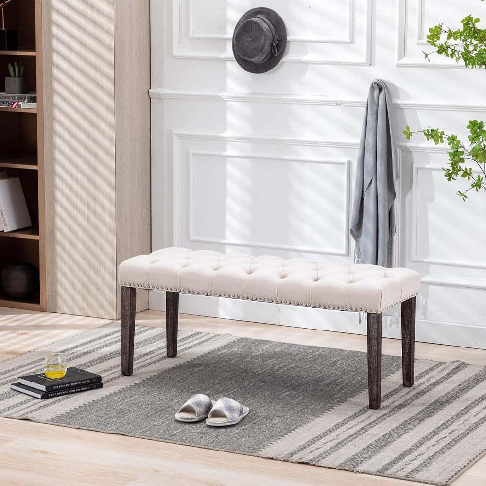 KCC Button-Tufted Ottoman Bench, Upholstered Velvet Bedroom Benches,Beige
