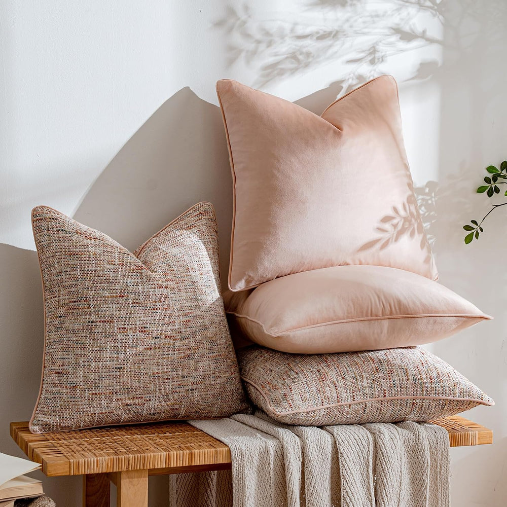a moment Light Pink 4 Pack Throw Pillow Covers - Chenille & Velvet Set wi...