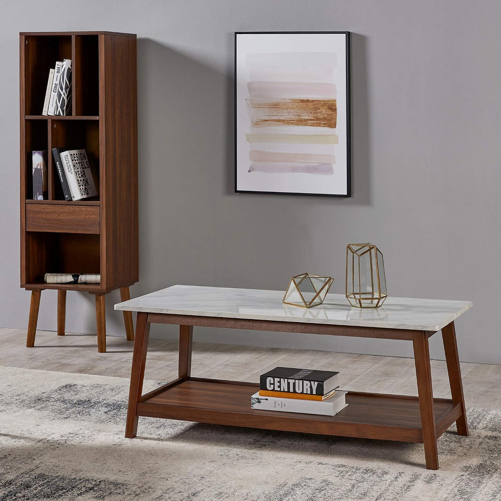 Teamson Home Kingston Wooden Coffee Table with Storage and Marble-Look Top fo...