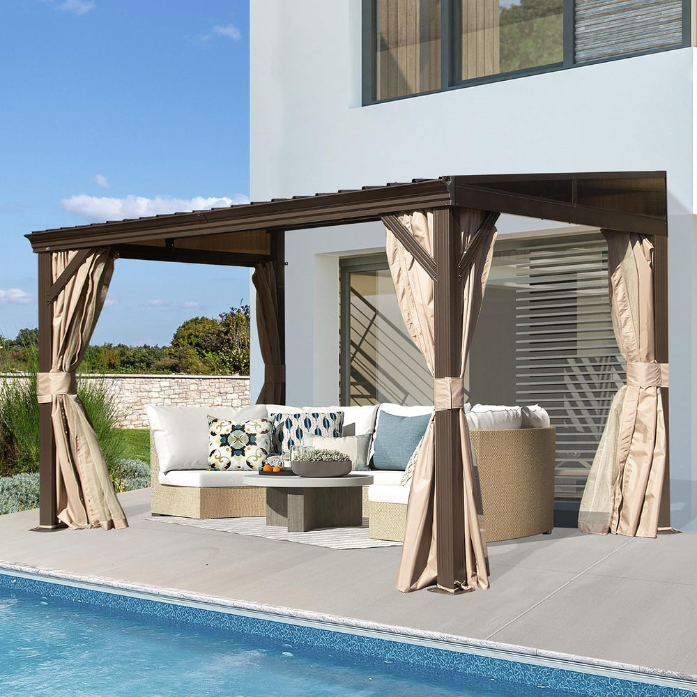 Domi 8x12FT Lean to Gazebo, Hardtop Wall Mounted Gazebo with Sloping Galvaniz...