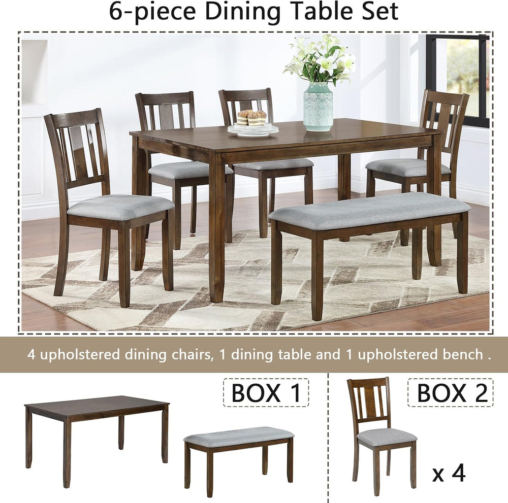 Merax 6 Piece Kitchen Dining Set, Rectangular Wooden Dining Table with 4 Upho...