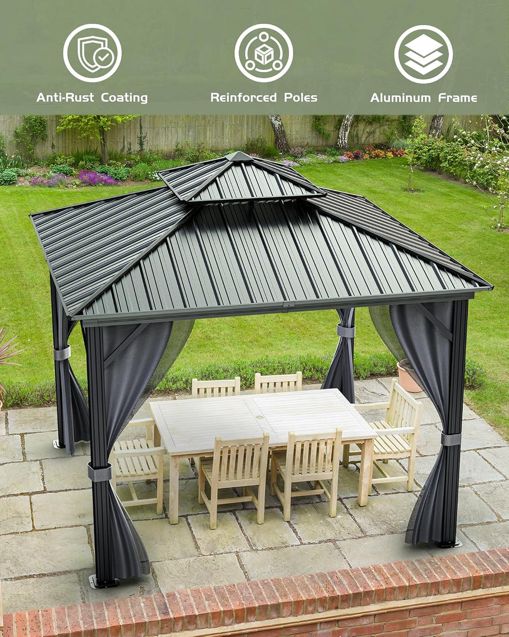 GarveeLife Hardtop Gazebo 10 ft x10 ft for All Weather, with Double Metal Roo...