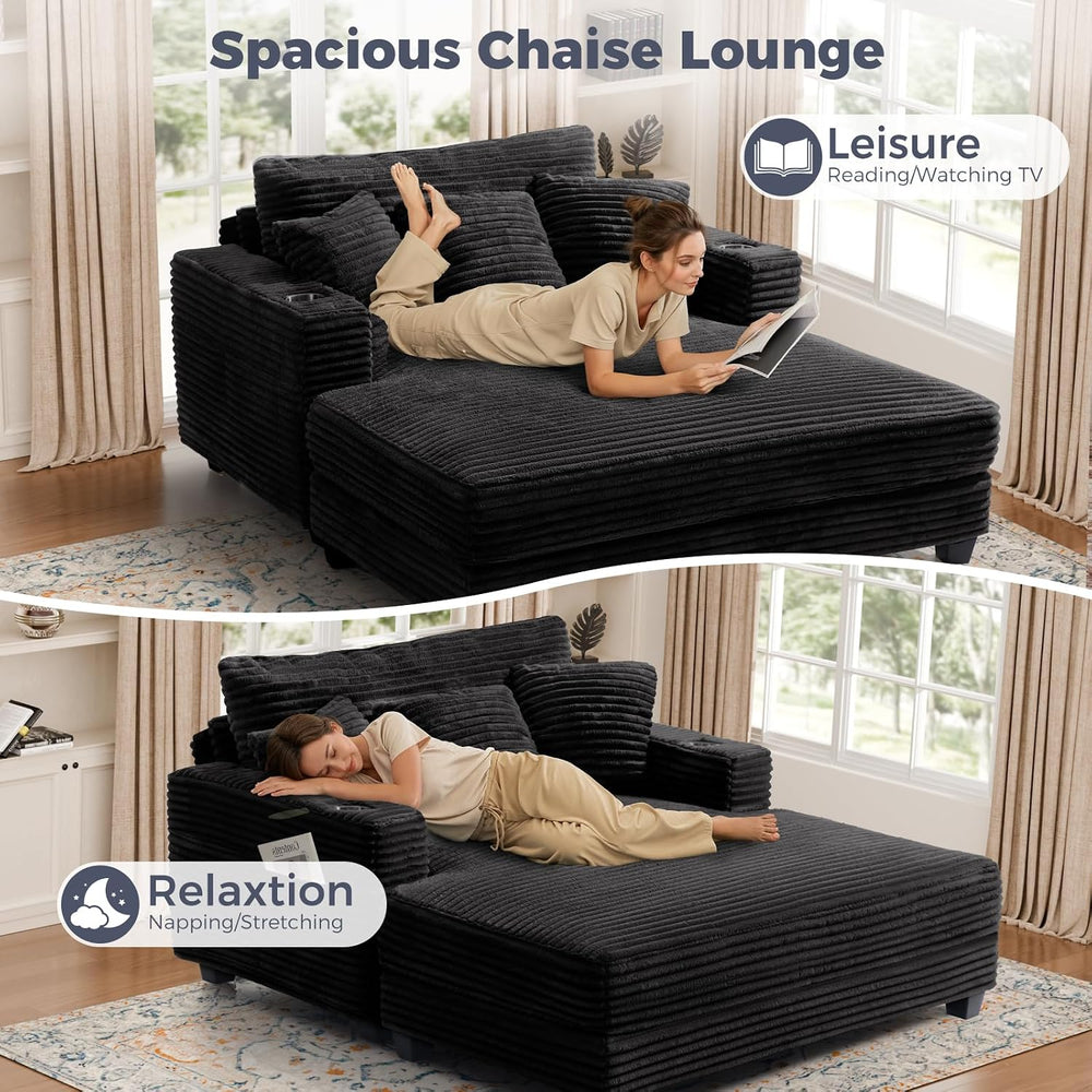 HUSFU 60" Chaise Lounge Chair Indoor, Wood Frame, Black