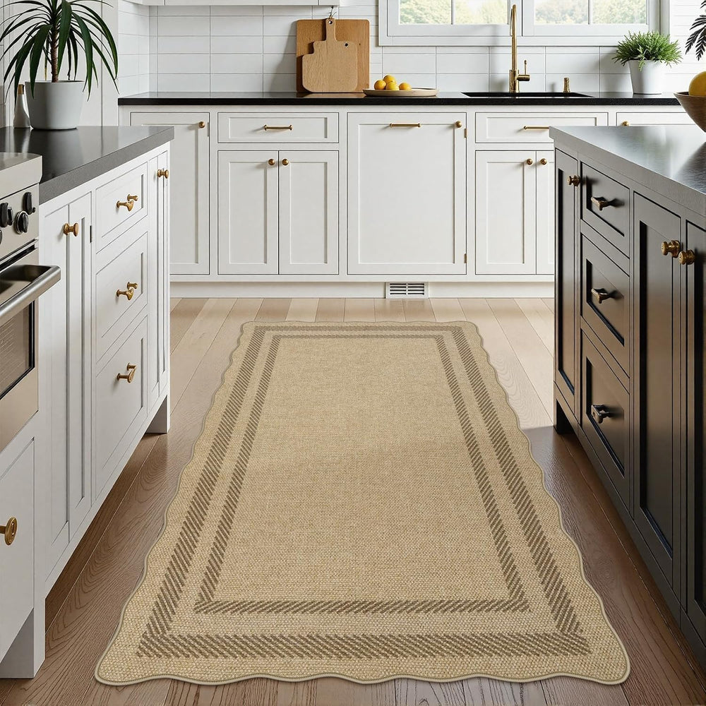 LIVEBOX Scalloped Easy Jute 3x5 Outdoor Rug, Washable Non-Slip Geometric Tan ...