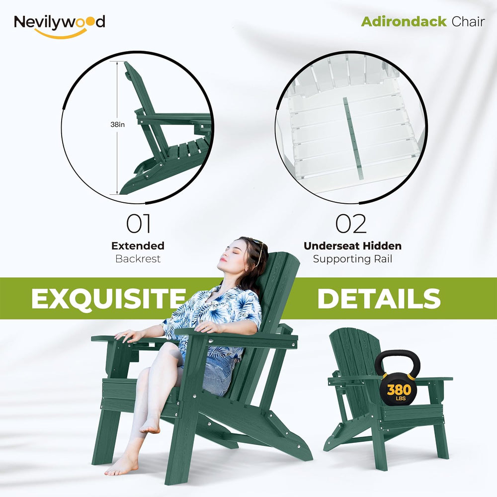 nevilywood Folding Adirondack Chairs Set of 2, HDPE Cup Holders, Green