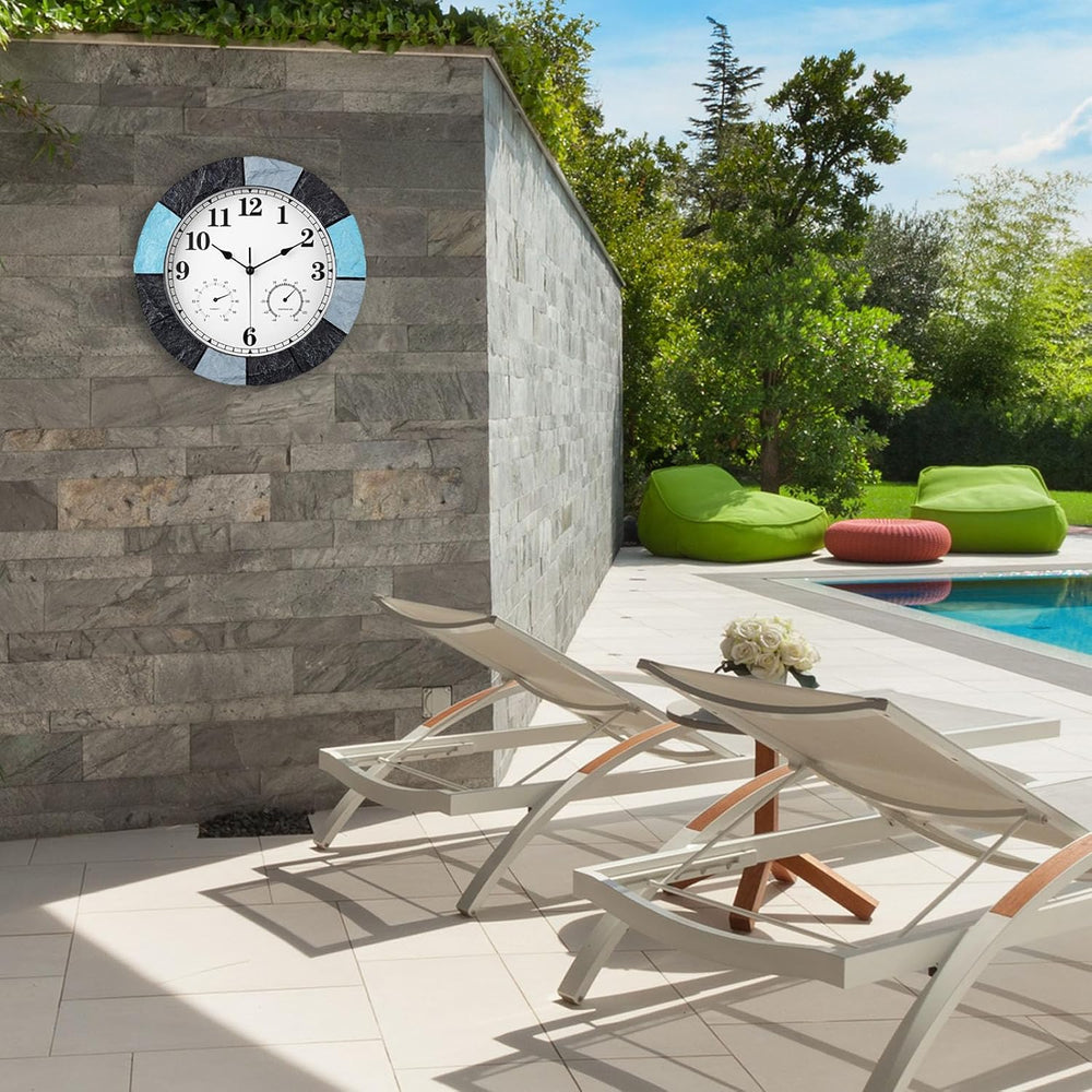 JoFomp 13 Inch Resin Faux-Stone Outdoor Clocks Waterproof with Thermometer an...