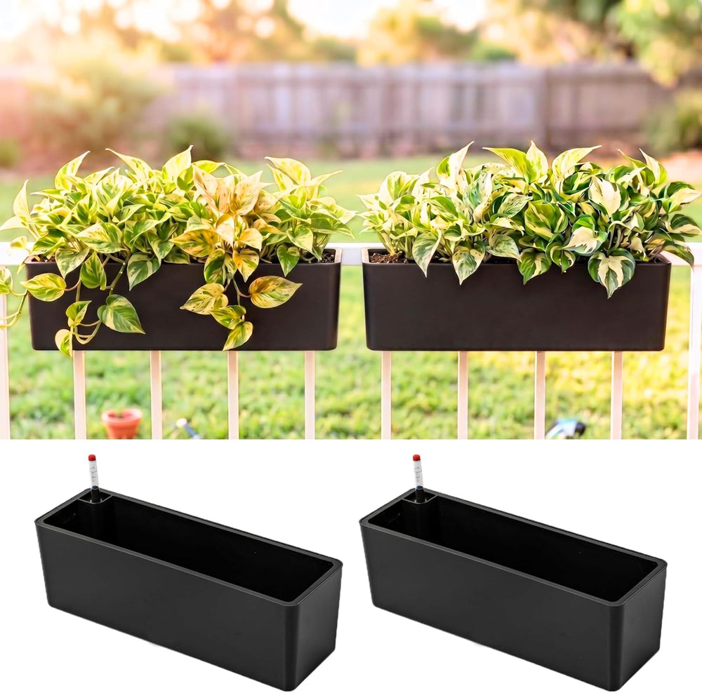 LaLaGreen Railing Planter Boxes (16 Inch, 2 Pack) Black Rectangular Plastic W...