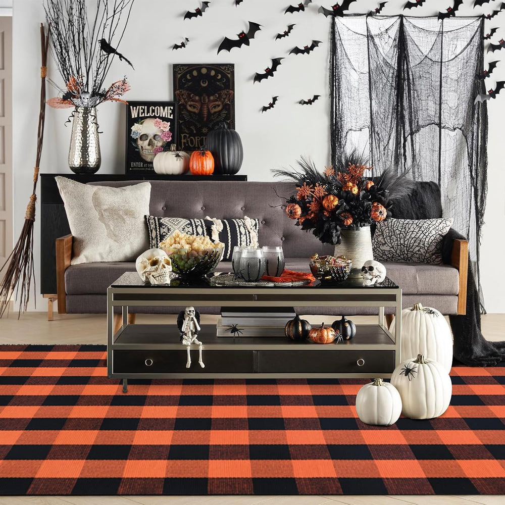 Fall Door Mat Orange and Black Plaid Rugs, 3'x5' Area Rug Outdoor Ind...
