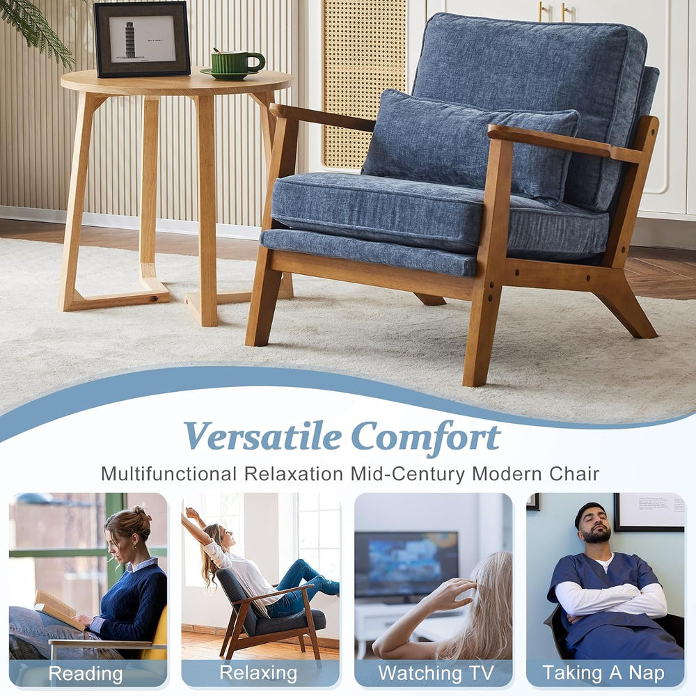 VINGLI Solid Wood Wide Armrests Accent Chair,Upholstered Mid Century Modern C...