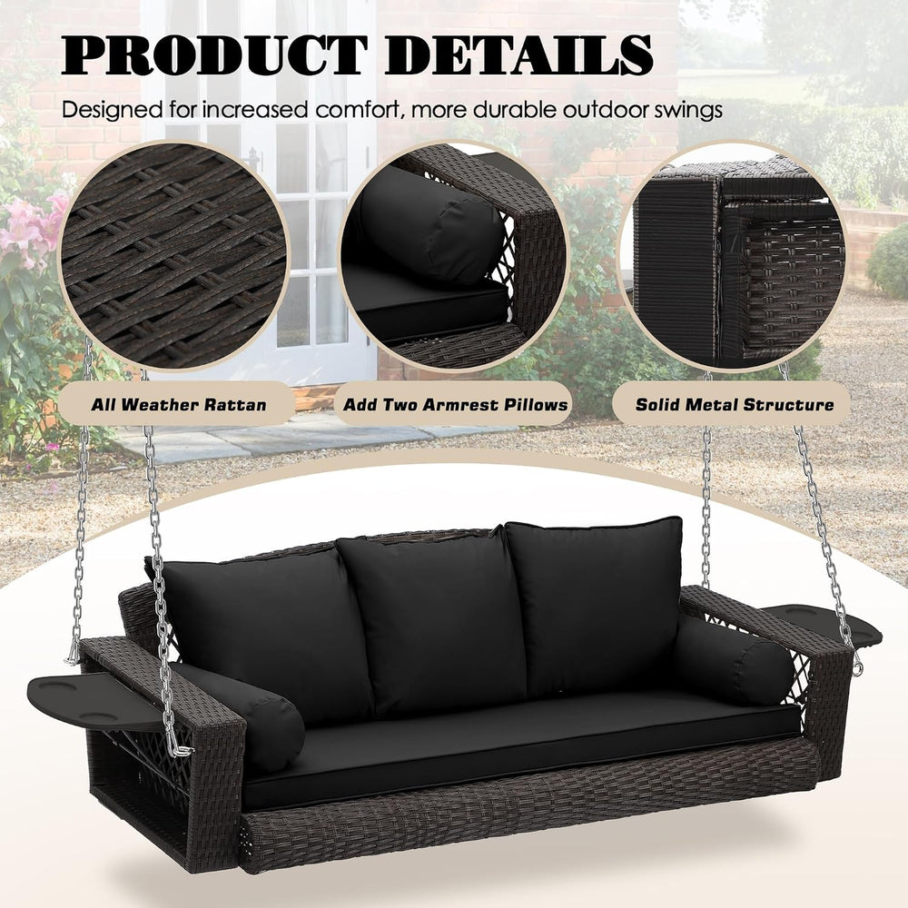 3-Person Hanging Porch Swing, Outdoor Wicker Swing Chair, 76 Inch Bench with ...