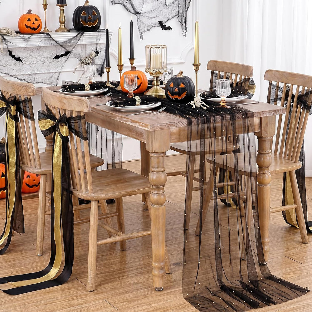 Pearl Gauze Tulle Table Runner Black Halloween 120 Inch 10FT Sheer Dining
