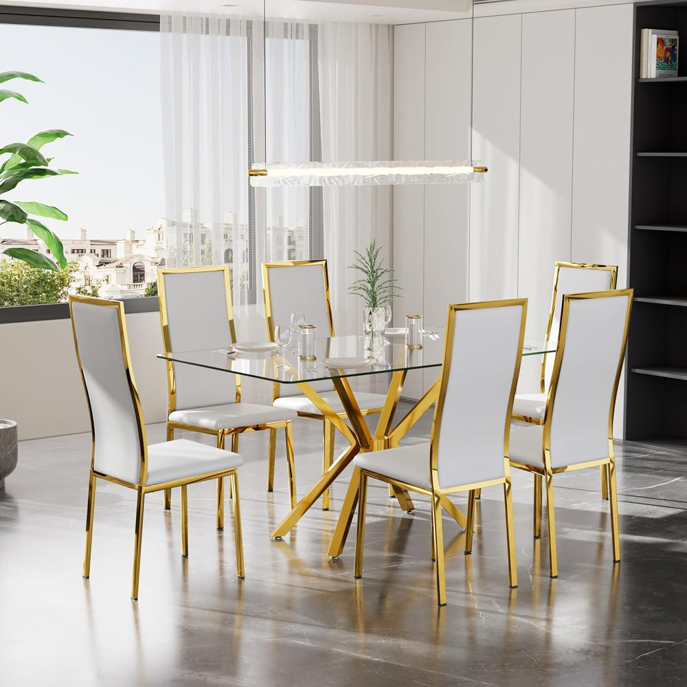 Modern Gold Glass Dining Table Set of 6, 47'' Clear Glass Top Rectang...