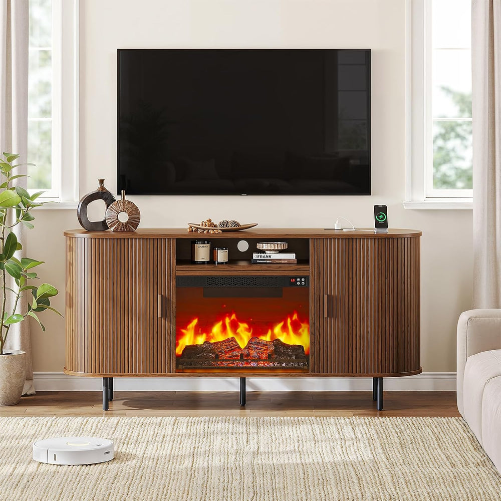 ComfyCorner 63" Fluted Fireplace TV Stand with Sliding Doors & Power...