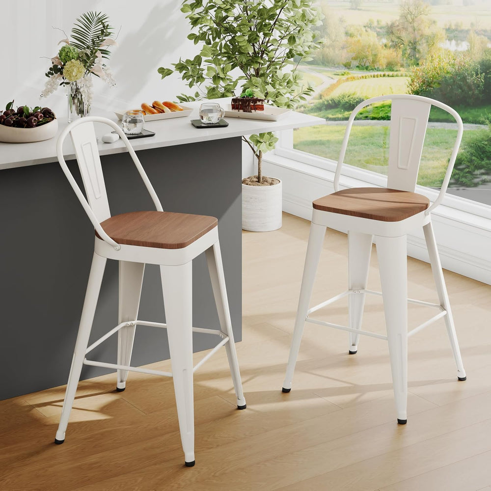 Andeworld Metal Bar Stools Set of 2, 26" Counter Height with Back,Off White