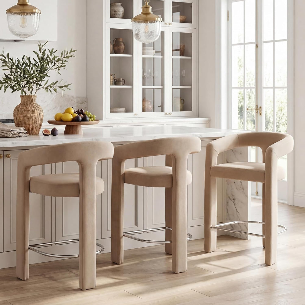 HNY Modern Barrel Bar Stools Set of 3, 26 Inch Upholstered Velvet Counter Hei...