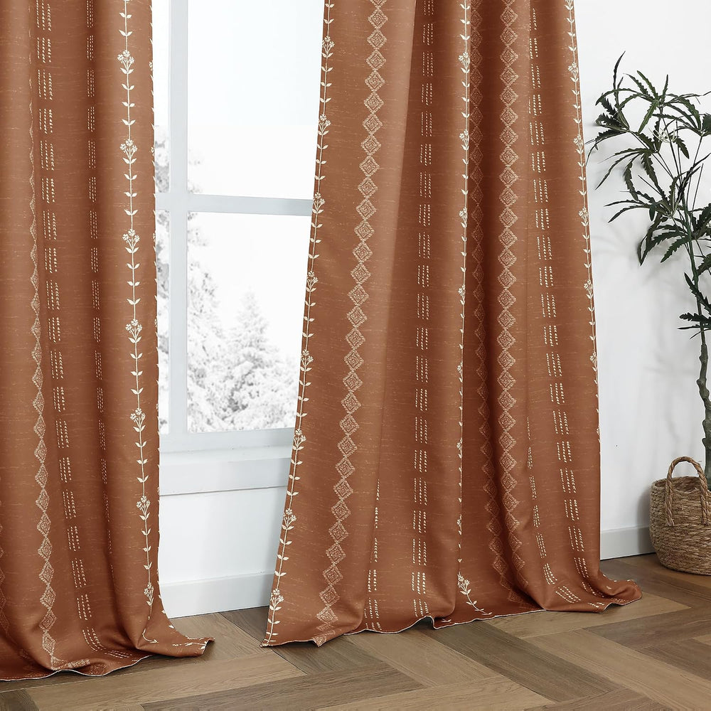 Vintage Floral Blackout Curtains 96 Inch Long, Burnt Orange Mid Century Moder...