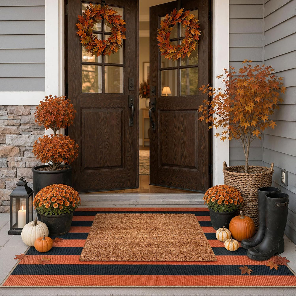 Lahome Striped Fall Outdoor Rug, 3x5 Washable Porch Decor Rug, Orange Black
