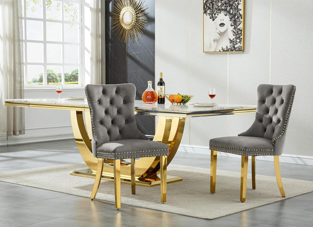 68" Marble Dining Table Set for 4, Luxury White Gold Kitchen Table with ...