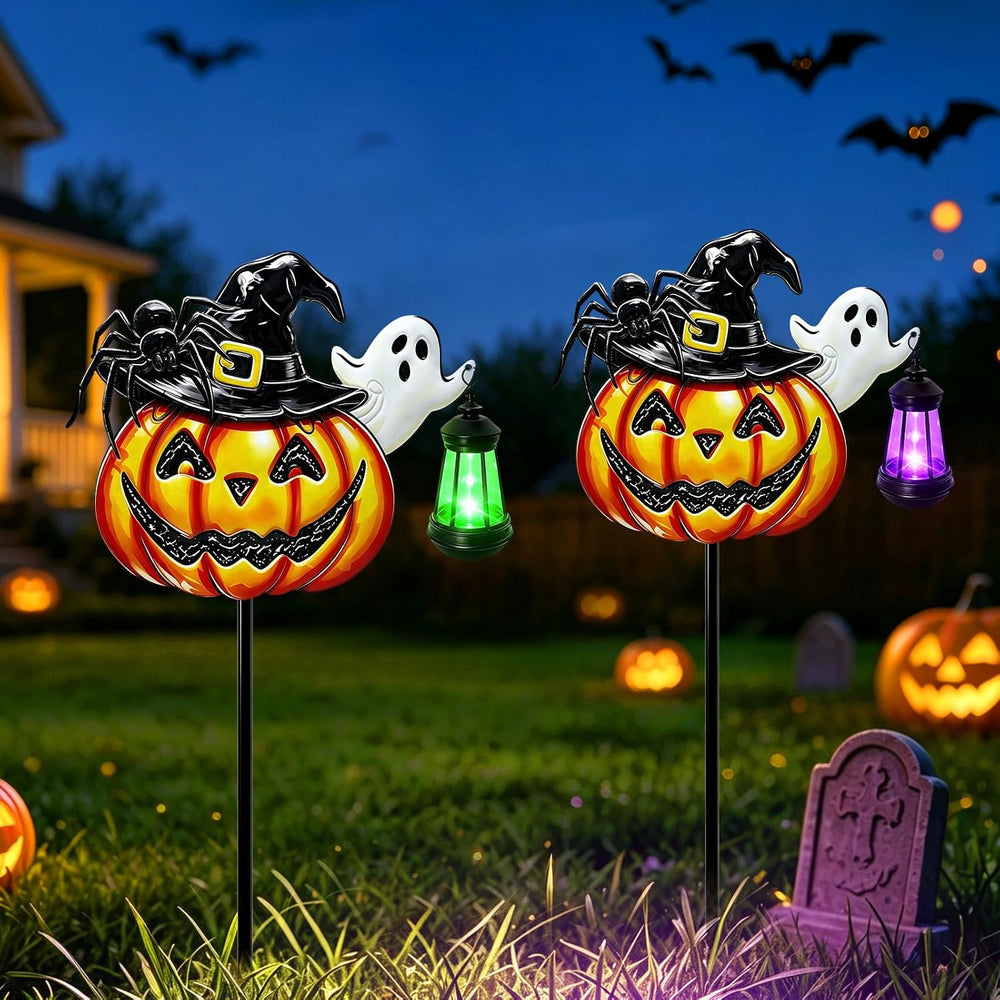 VOOKRY 2 Pack Halloween Pumpkin Lights Outdoor,Metal Pumpkin Stake &Lantern